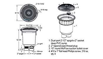AquaStar 10" Round MoFlow Suction Outlet Cover | 2 Port Double Deep Sump Bucket | Black | 10MF102B