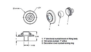 AquaStar Three-Piece Directional Eyeball Fittings | 1" Knock-In | with Flange .75" Orifice | White | 5201