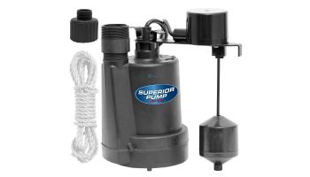 Superior Pump Thermoplastic Submersible Sump Pump | Top Discharge | 1800 GPH 1/4 HP 10-Foot Cord | 92269