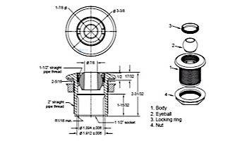 Aquastar Large 2" Return Fitting | with Nug and Eyeball Nut | for Fiberglass or Steel | No Gasket | White | 1020TS101