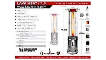 Lava Heat Italia Opus Lite R-Line Commercial Patio Heater | Cylindrical 7.5-Foot | Stainless Steel Propane | RL7MPS LHI-154