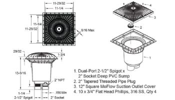AquaStar 12" Square MoFlow Suction Outlet Cover with Dual-Port 2 1/2" Spigot x 2" Socket Deep PVC Sump | Black | 12MF102B