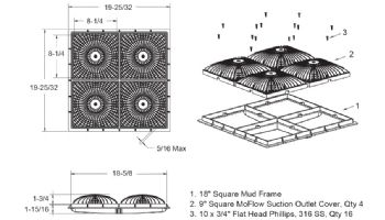 AquaStar 18" Square Mud Frame with Four 9" Square MoFlow Suction Outlet Cover | for 3/4" Deep Retrofits | White | 18MFNF101