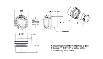 AquaStar Flush-Mount Return Fitting | with Water Stop Eyeball and Nut Aim Flow | Fits Inside 2" Pipe with 3/4" Orifice | Clear | 3300B