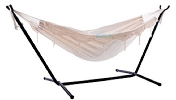Vivere Deluxe Double Cotton Hammock with Stand | 9-Foot Natural with Fringe | UHSDO9-00