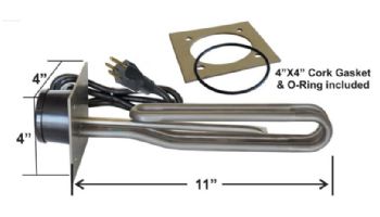 HydroQuip 11" Incoloy Flange Mounted Heater Element | 4" x 4" Plate with Nema Cord 36" | 1.5KW 120V | 12-1464-AC-K