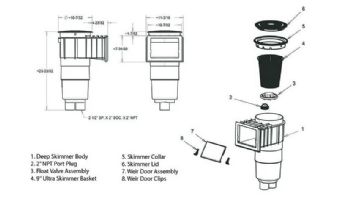 Aquastar Flow Star Skimmer with 5" Deep Throat, Float Assembly, Lid, Adjustable Collar and 9" Ultra Basket for Fiberglass | White | SKRFL12101-L