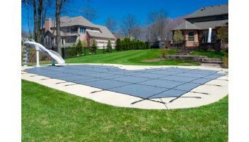 GLI 12-Year Secur-A-Pool Mesh Safety Cover | Rectangle 14' x 28' Gray | 4' x 8' Center End Step | 201428RECES48SAPGRY