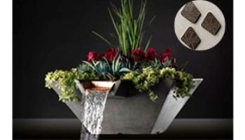 Slick Rock Concrete 22" Square Cascade Water Bowl + Planter | Umber | Copper Scupper | KCC22SSCC-UMBER