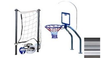 Global Pool Products X2 Basketball 17.5_quot; Anchor Spacing _ Volleyball with 16_#39; Net _ Ball Combo | Polished Stainless | No Anchors | GPP-X2VB16-SS