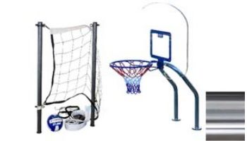 Global Pool Products X2 Basketball 17.5_quot; Anchor Spacing _ Volleyball with 20_#39; Net _ Ball Combo | Polished Stainless | No Anchors | GPP-X2VB20-SS