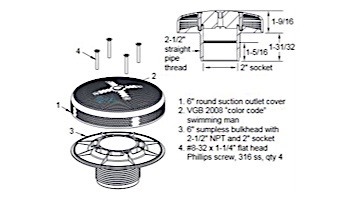 AquaStar 6" Sumpless Bulkhead Fitting with 2.5" MPT and 2" Slip Socket (VGB Series) | White | 625T20S101