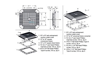 AquaStar 16" Square Anti-Entrapment Suction Outlet Cover and Retro-Adapter Sub-Frame for 12" Square 1" Deep Retrofits (VGB Series) Black | R1216102