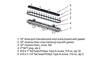 AquaStar 32" Channel Drain with Flat Grate Suction Outlet Cover and 3 Port Sump for Vinyl and Fiberglass | Black | 32CDFLV102