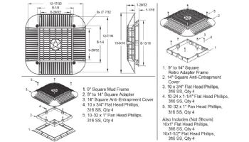 AquaStar 14" Square Anti-Entrapment Suction Outlet Cover, Mud Frame and Retro-Adapter Sub-Frame | for 9" Square | .75" Deep Retrofits | Black | 914102