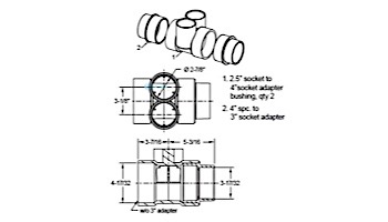 AquaStar Bushing with Two 2.5" Slip to 4" Transitional T with Reducer Bushing to 3" | White | BFB101