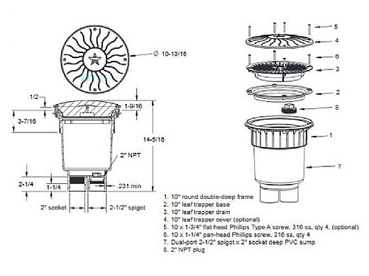 AquaStar 10" Round Debris Catcher Suction Outlet Cover with 2 Port Double Deep Sump Bucket (VGB Series) | Light Gray | 10LT103B
