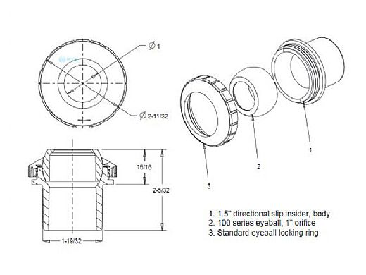 AquaStar Directional Eyeball Fitting 3 pc 1 1/2" Slip Insider 1" Orifice | Light Gray | SL8103
