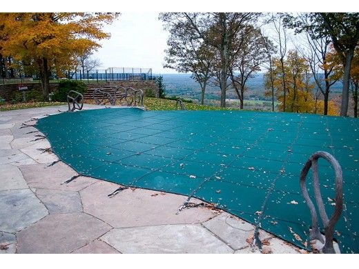 Merlin Dura-Mesh 15-Year Mesh Safety Cover | Rectangle 16' x 32' | 4' Offset 4' x 8' Left Side Step | Green | 31M-M-GR