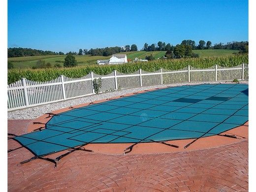 Merlin 10-Year Solid Safety Cover with Drain Panel | Rectangle 20' x 40' | 4' Offset 4' x 8' Left Side Step | Green | 33W-X-GR
