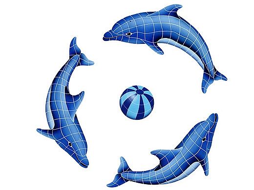 Artistry In Mosaics Dolphin Group with Blue Ball - Medium Mosaic | 62" x 62" | DOLGRPM-BL