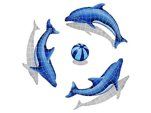 Artistry In Mosaics Dolphin Group Shadow with Blue Ball - Medium Mosaic | 67" x 67" | DSHGRPM-BL