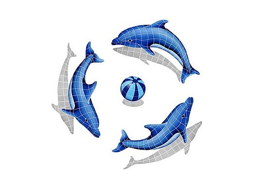 Artistry In Mosaics Dolphin Group Shadow with Blue Ball - Small Mosaic | 48" x 48" | DSHGRPS-BL
