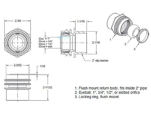 AquaStar Choice Flush-Mount Return Fitting | with Water Stop Eyeball and Nut Aim Flow | Fits Inside 2" Pipe with Slotted Orifice | White | 3301D