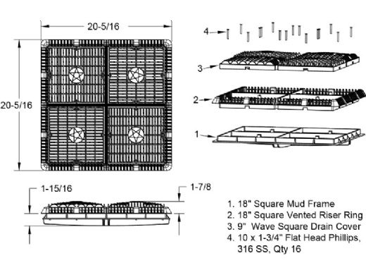 AquaStar Four 9" Square Wave Suction Outlet Covers with Vented Riser Rings and screws for 18" Frame Retrofits (VGB Series) | Black | WAV18WRNF102