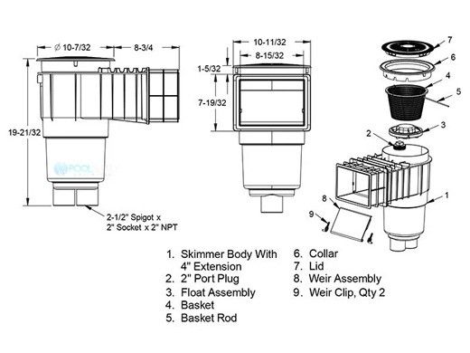 AquaStar Flow Star Standard Skimmer with Flush Face 4" Extension, Float Assembly, Basket, Lid, Collar and 4" Socket Sump | Dark Gray | SKR14105D
