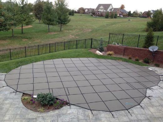 Merlin SmartMesh 15-Year Mesh Safety Cover | Rectangle 16' x 32' | 1' or 2' Offset 4' x 8' Left Side Step | Tan | 19M-T-TN