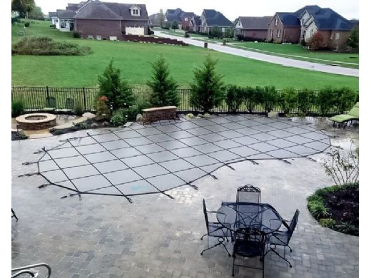 Merlin 10-Year Solid Safety Cover with Drain Panel | Rectangle 16' x 32' | 4' Offset 4' x 8' Left Side Step | Tan | 31W-X-TN