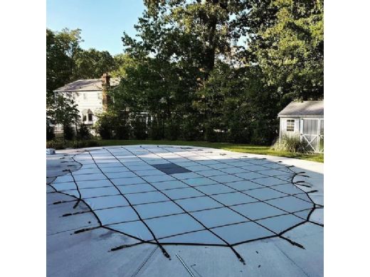 Merlin 10-Year Solid Safety Cover with Drain Panel | Rectangle 16' x 32' | 4' Offset 4' x 8' Right Side Step | Gray | 34W-X-GY