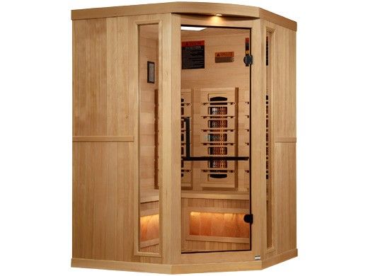 Golden Designs 3-Person Corner Full Spectrum PureTech Near Zero EMF FAR Infrared Sauna with Himalayan Salt Bar | Hemlock | GDI-8035-03
