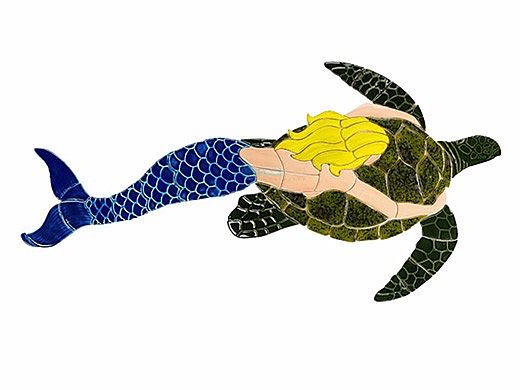 Ceramic Mosaic Blonde Mermaid with Turtle | 38" x 19" | MT48B-41