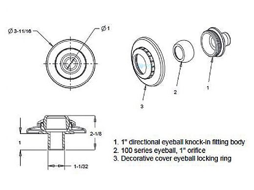 AquaStar Three-Piece Directional Eyeball Fittings | 1" Knock-In | with Flange - 1" Orifice | White | 5101