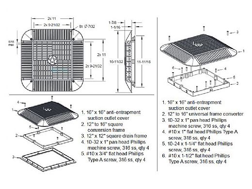 AquaStar 16" Square Anti-Entrapment Suction Outlet Cover and Retro-Adapter Sub-Frame for 12" Square 1" Deep Retrofits (VGB Series) Dark Gray | R1216105